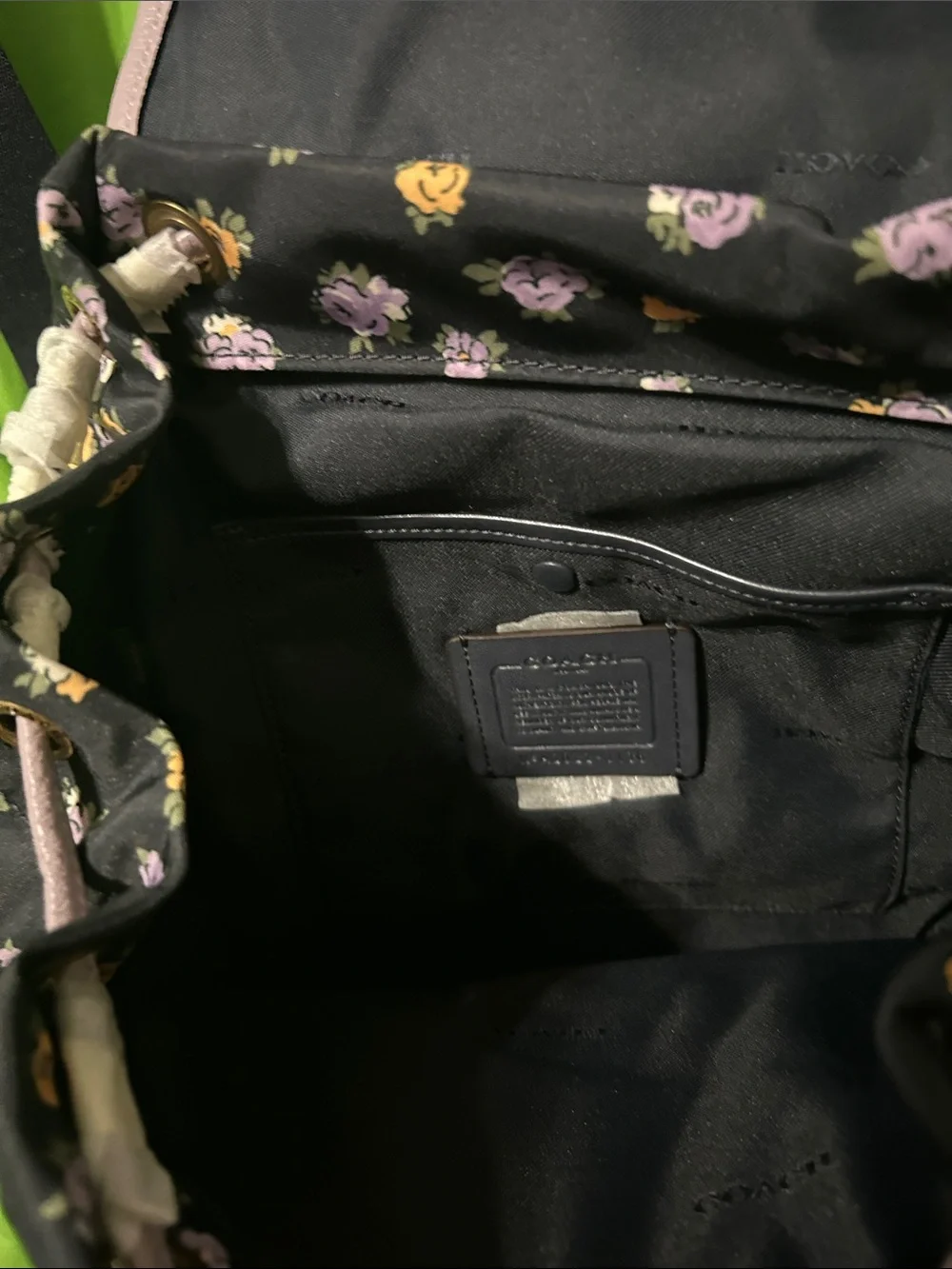 Coach Black Floral Backpack with Lavender Trim and Gold Hardware